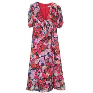 Ieena Mac Duggal Floral Puff Sleeve Tie Slit Romantic Midi Dress Pink Red Size 4